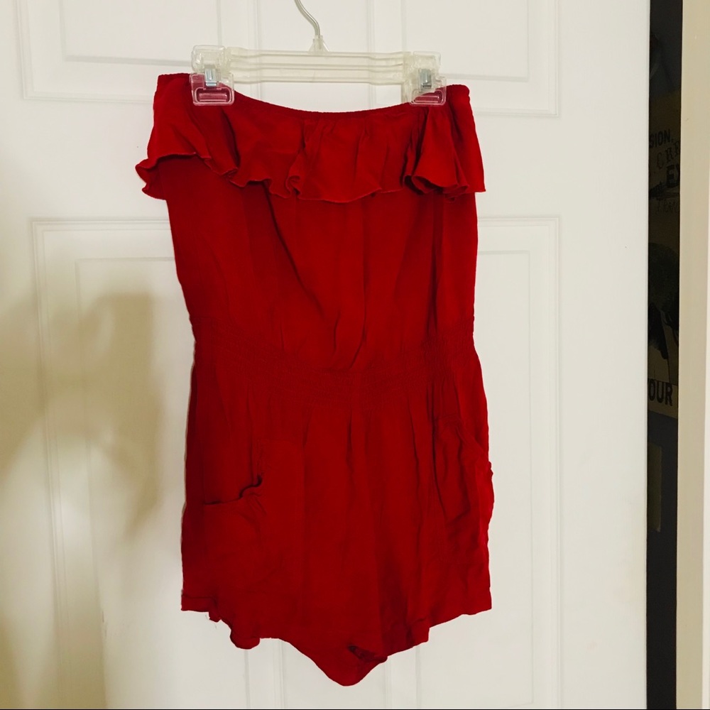 Red strapless romper